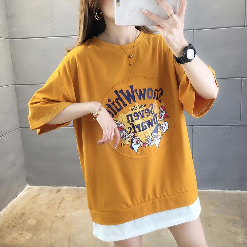 春夏假兩件小矮人印花圓領中長款短袖T 3色 M-2XL