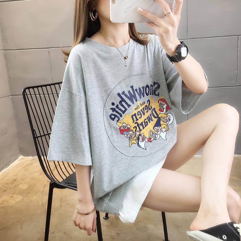 春夏假兩件小矮人印花圓領中長款短袖T 3色 M-2XL