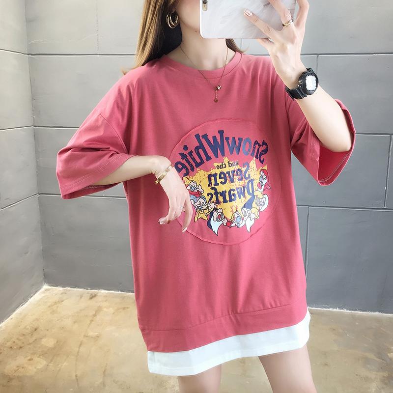 春夏假兩件小矮人印花圓領中長款短袖T 3色 M-2XL