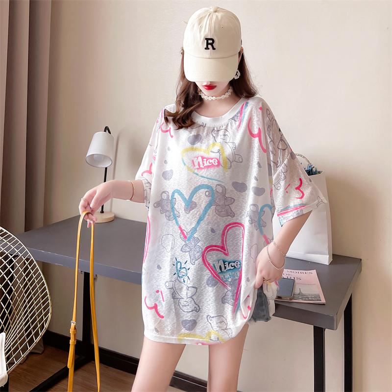 夏中長圓領彩色愛心熊上衣2色 M-2XL