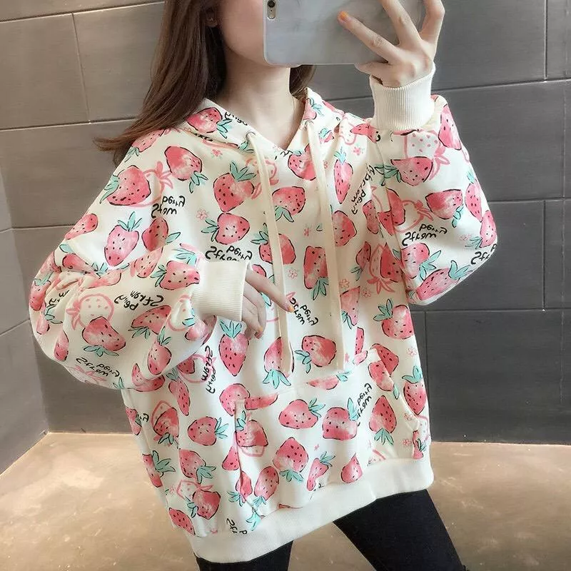 秋冬季草莓滿版女裝寬鬆連帽薄款衛衣2色 M-2XL