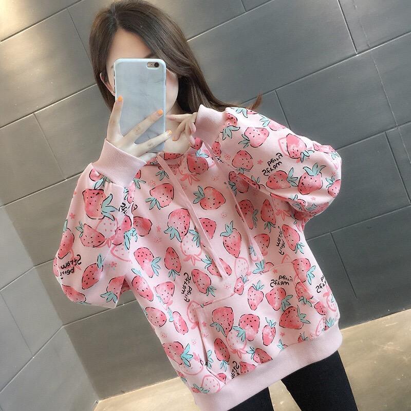 秋冬季草莓滿版女裝寬鬆連帽薄款衛衣2色 M-2XL