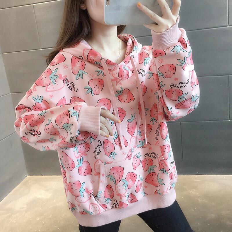 秋冬季草莓滿版女裝寬鬆連帽薄款衛衣2色 M-2XL