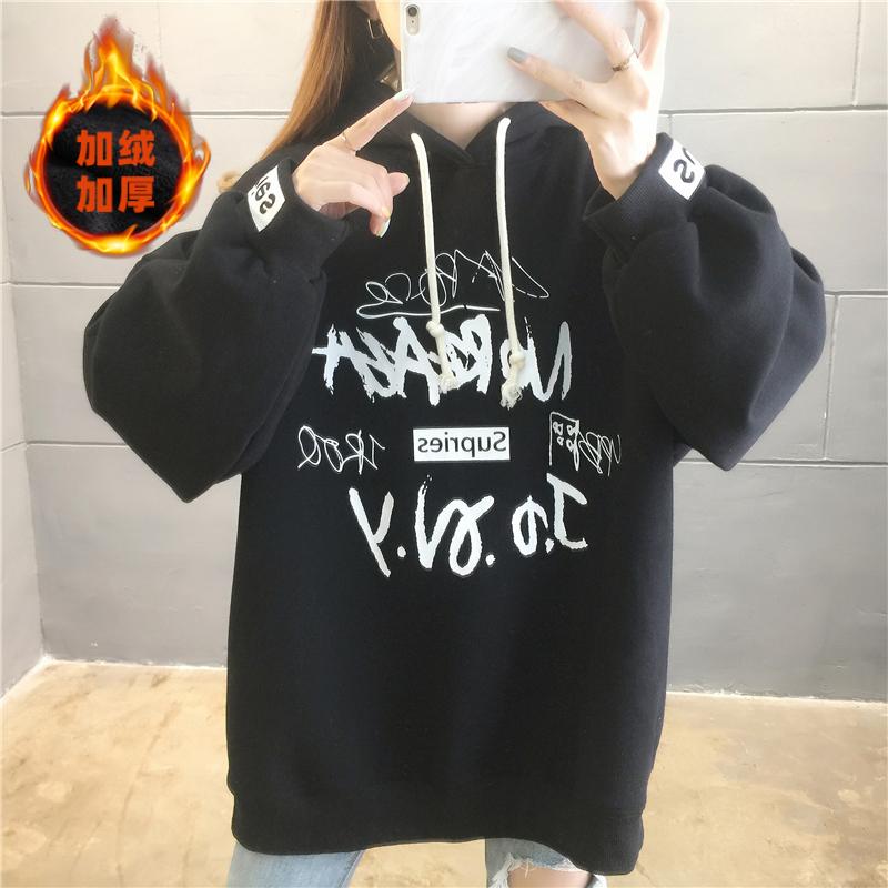 加絨仿棉複合韓版字母連帽寬鬆上衣3色 M-2XL