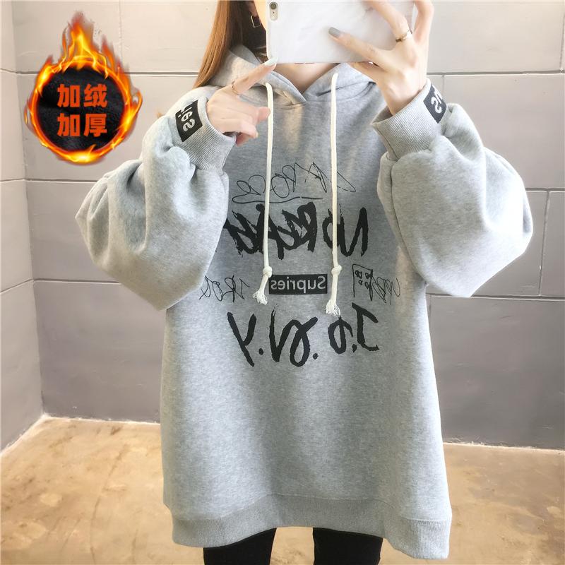 加絨仿棉複合韓版字母連帽寬鬆上衣3色 M-2XL