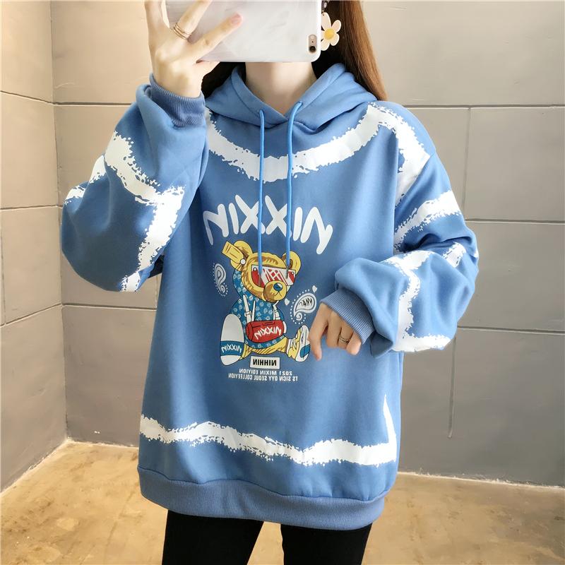 牛奶絲複合嘻哈熊冬季寬鬆加厚加絨衛衣上衣3色 M-2XL