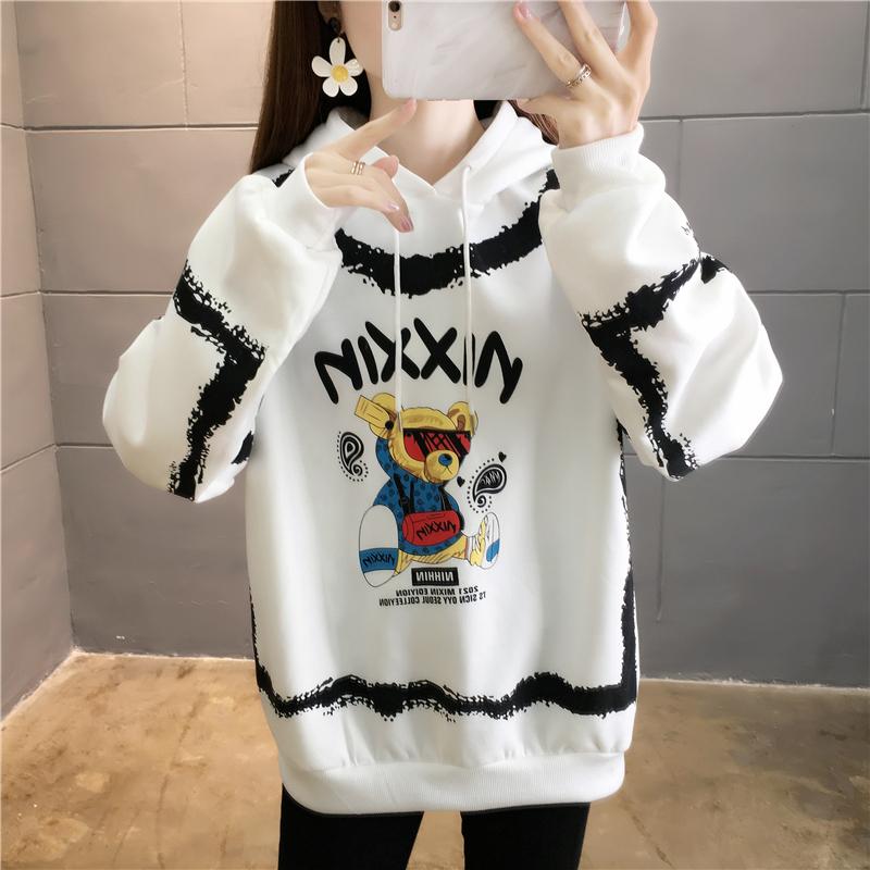 牛奶絲複合嘻哈熊冬季寬鬆加厚加絨衛衣上衣3色 M-2XL