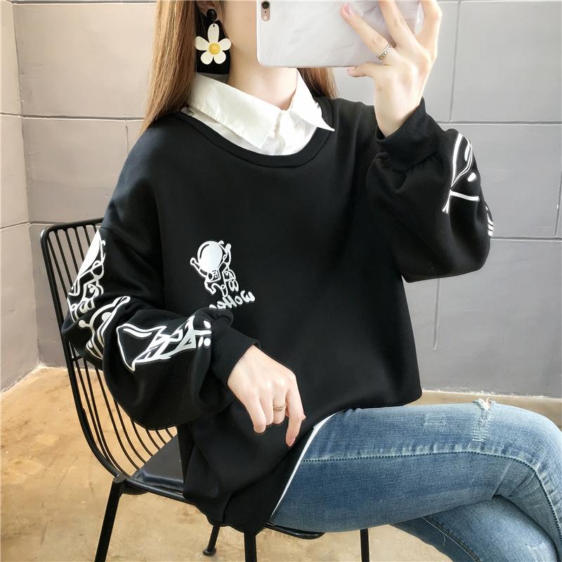 實拍牛奶絲複合假兩件Polo領拼色加厚加絨衛衣3色 M-2XL