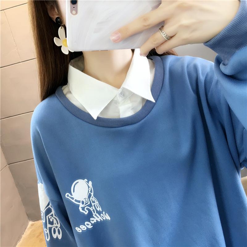 實拍牛奶絲複合假兩件Polo領拼色加厚加絨衛衣3色 M-2XL