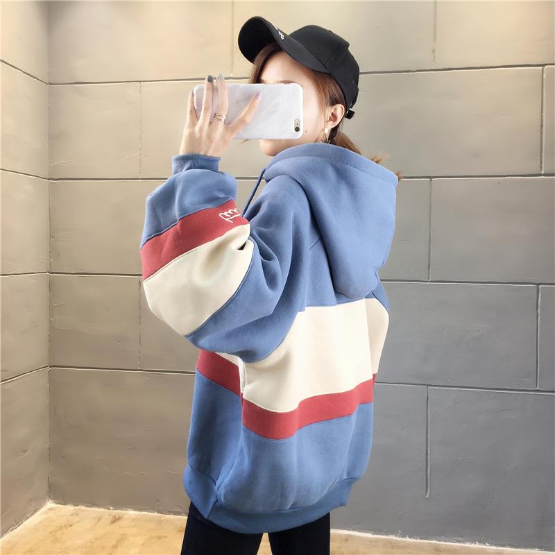 冬季加絨加厚條紋刺繡衛衣連帽港風外套5色 M-2XL