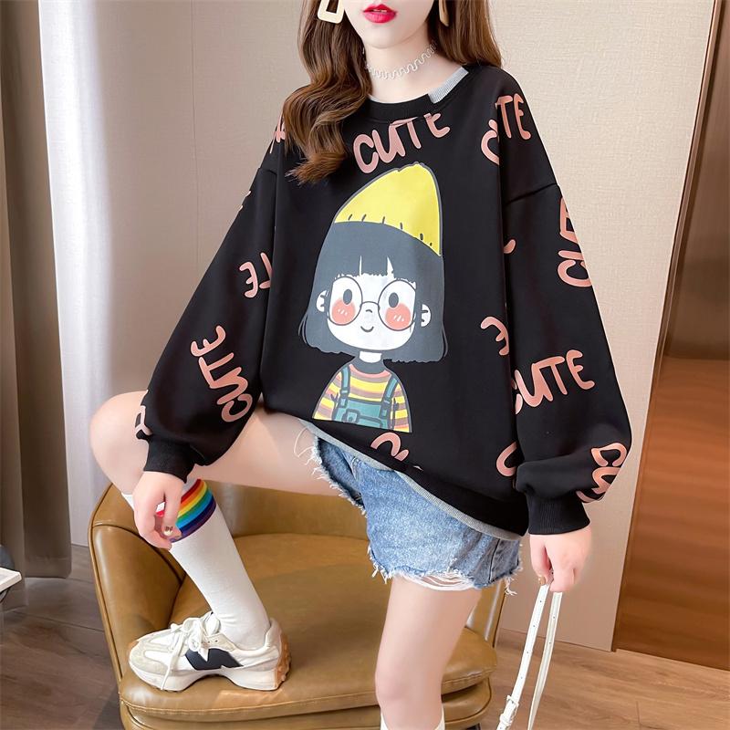 仿棉複合不起球加絨寬鬆小女孩印花拼接衛衣5色 M-2XL