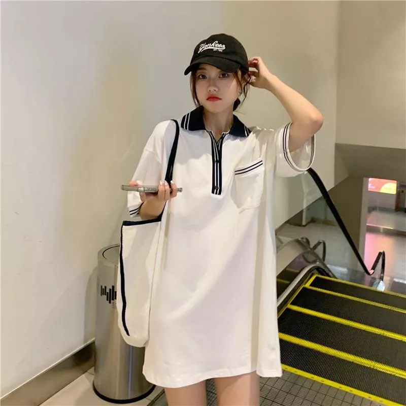 實拍200克純棉撞色polo衫翻領連衣裙2色 M-XL