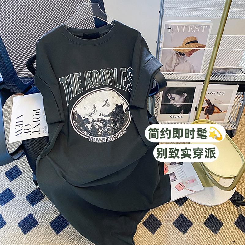 抖音質量短袖開叉中長款印花圓領連身裙2色 M-XL