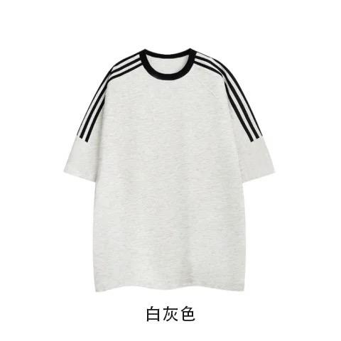 精梳棉三條槓牛角袖T恤四色 M-2XL