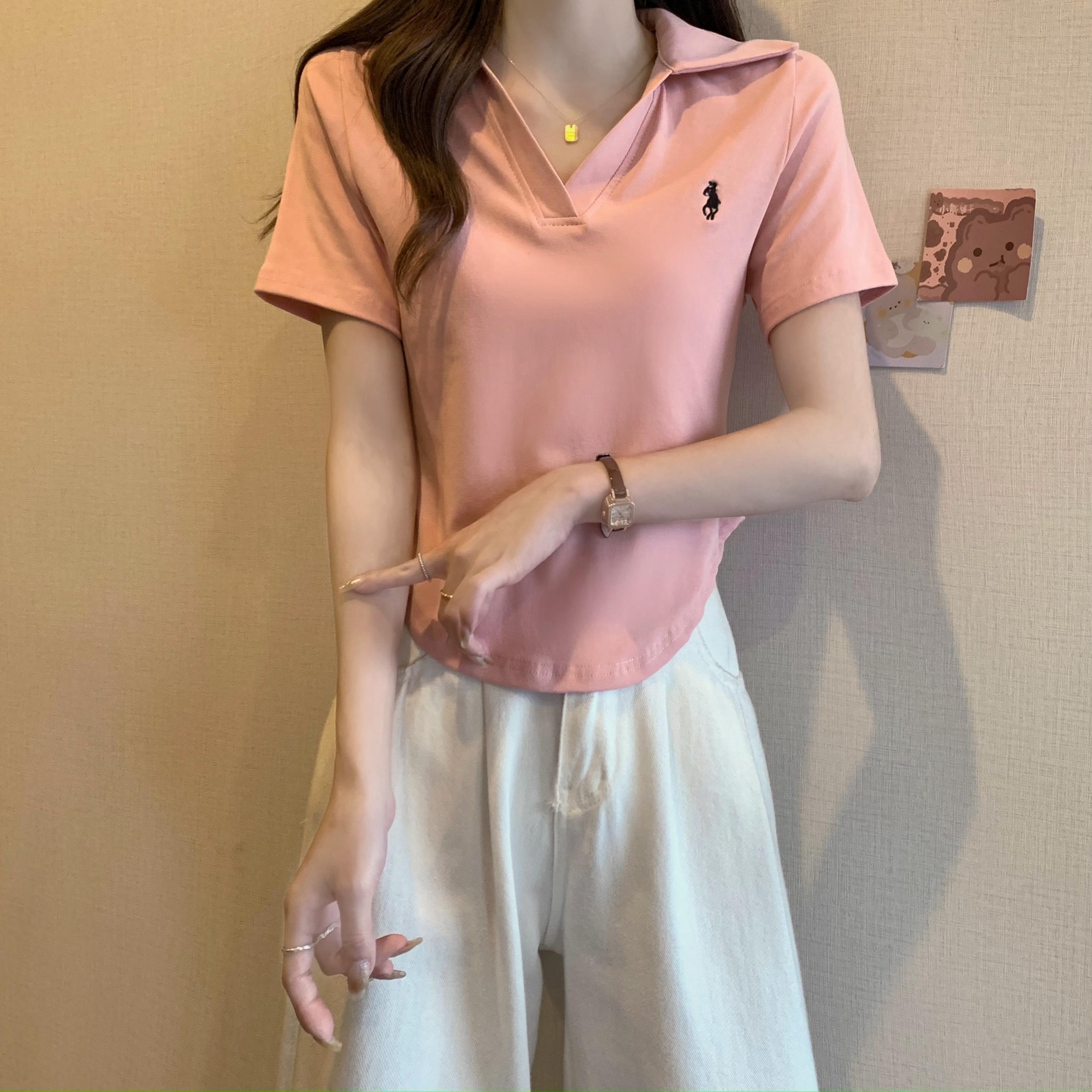 實拍夏裝大尺碼女裝刺繡別緻Polo衫短袖上衣6色 L-4XL