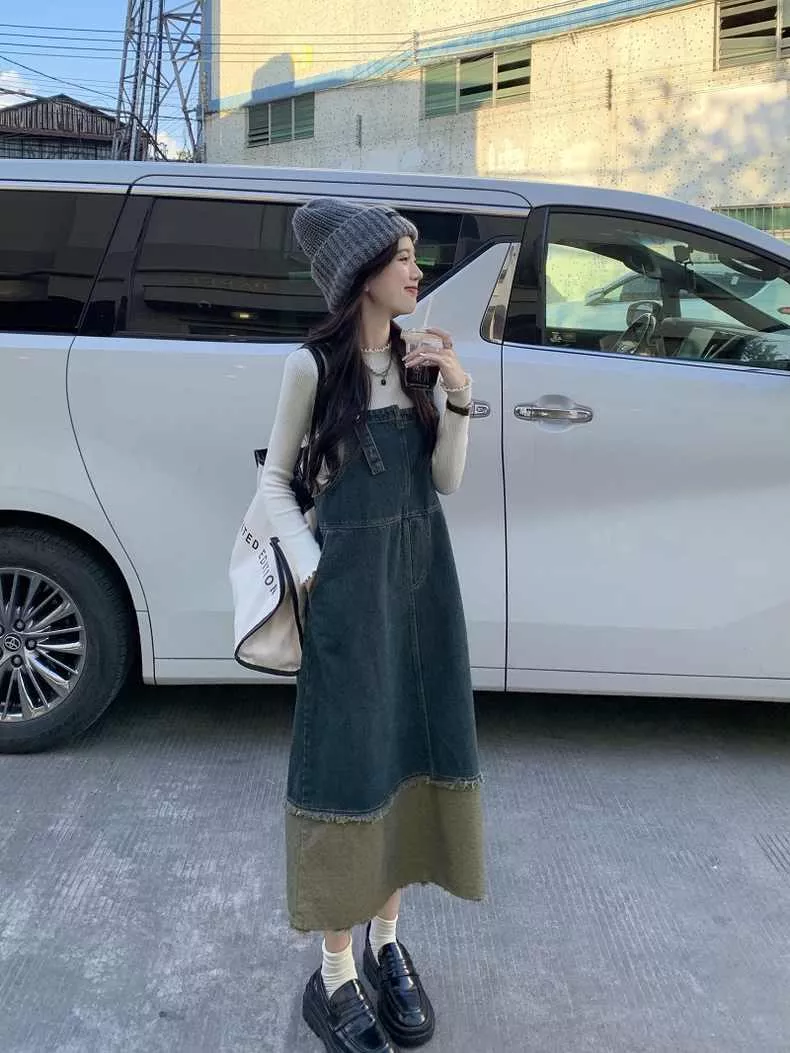 大尺碼拼接毛邊背帶牛仔裙中長吊帶裙S-5XL 大尺碼拼接毛邊背帶牛仔裙中長吊帶裙S-5XL