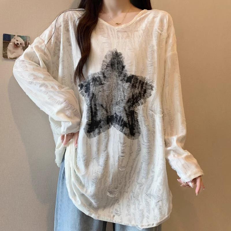 破洞布印花星星圓領長袖T卹2色 M-2XL