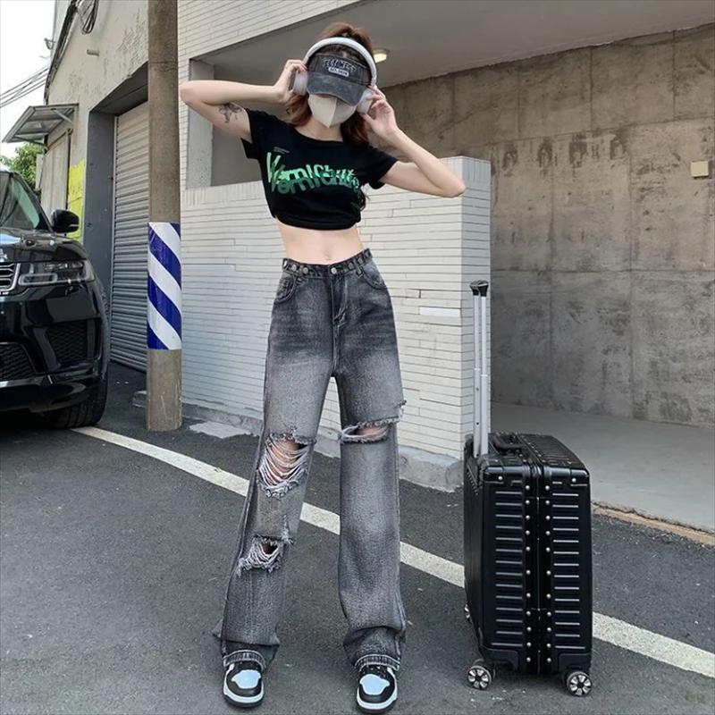 夏季黑​​灰色高腰直筒破洞牛仔褲S-2XL