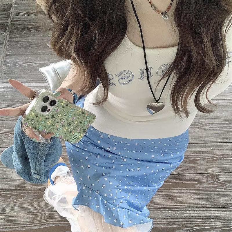 做工藍色碎花開叉不規則半身裙S-2XL