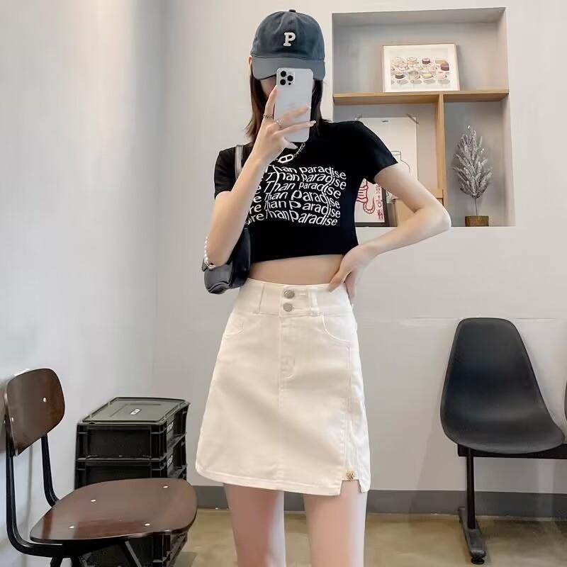 牛仔短裙顯瘦高腰白色防走光A字半身裙(有內裡)3色 S-3XL