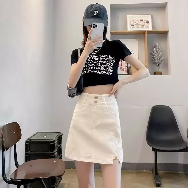 牛仔短裙顯瘦高腰白色防走光A字半身裙(有內裡)3色 S-3XL