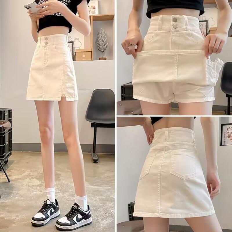 牛仔短裙顯瘦高腰白色防走光A字半身裙(有內裡)3色 S-3XL