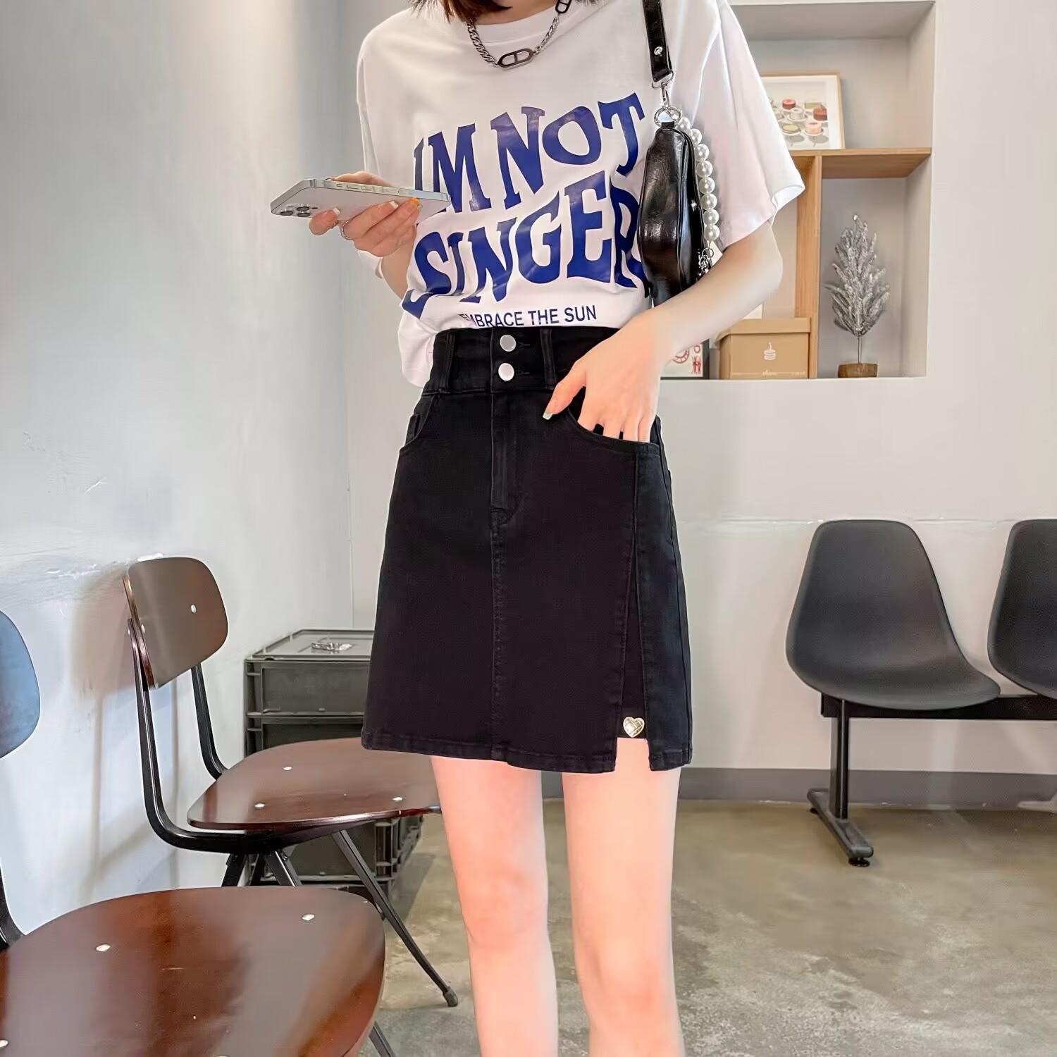 牛仔短裙顯瘦高腰白色防走光A字半身裙(有內裡)3色 S-3XL
