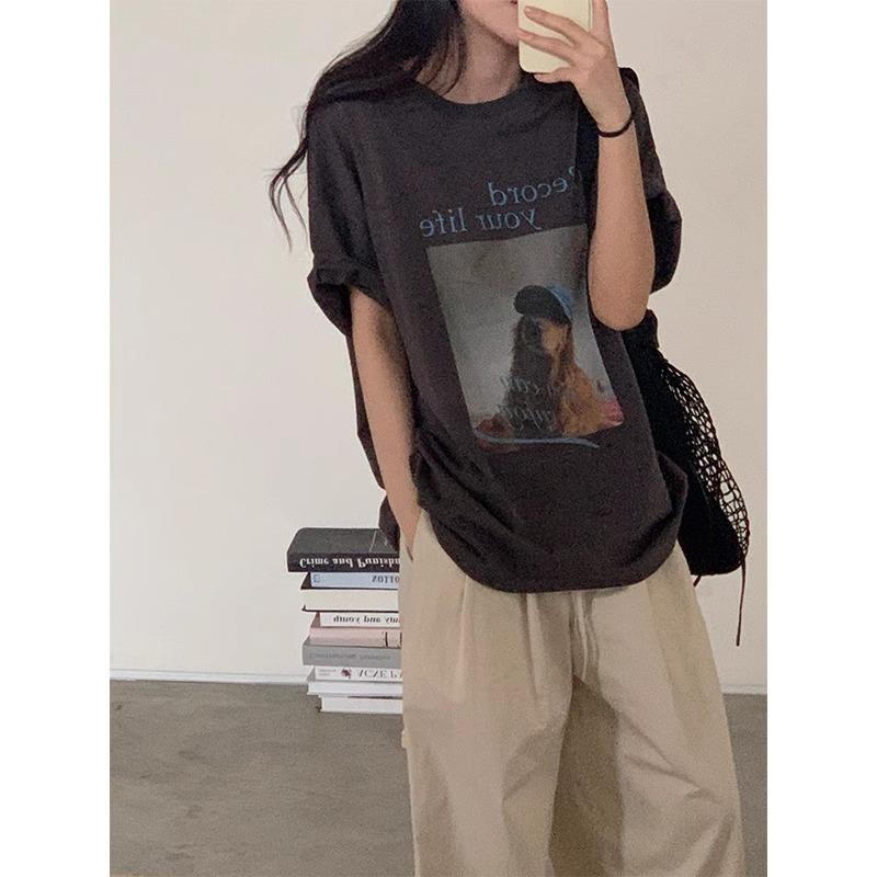 純棉210克100%棉主感圓領寬鬆狗狗短袖T卹4色 S-3XL
