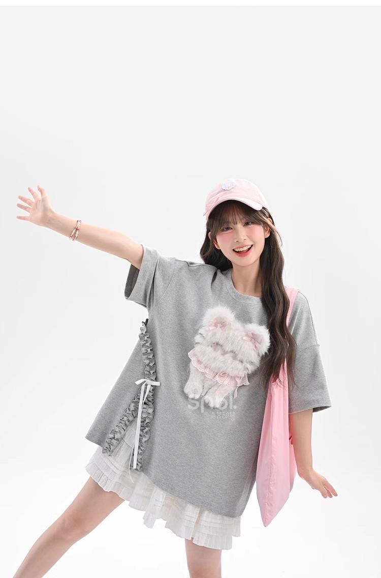純棉甜美設計感不規則上衣卡通圖案 S-XL
