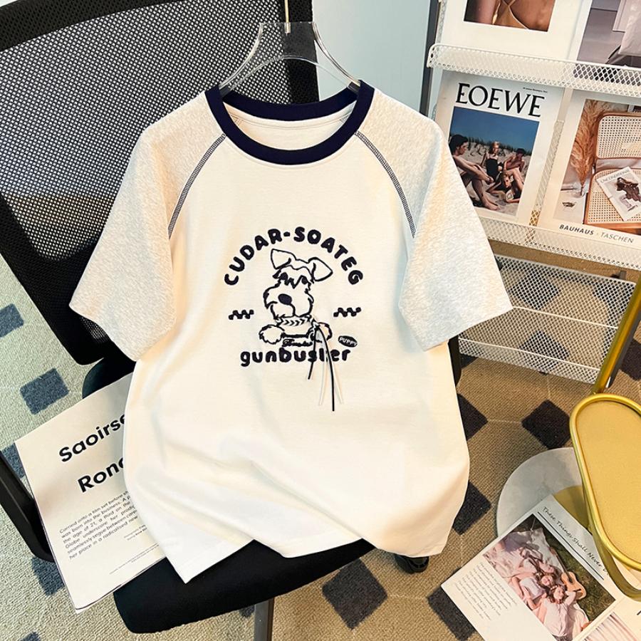 實拍100%純棉後包領中長撞色刺繡短袖T3色 M-2XL