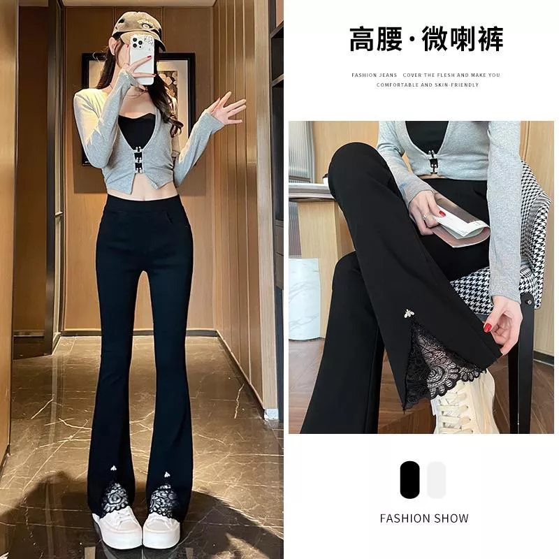 高腰春季百搭微喇叭褲爆款蕾絲拼接顯瘦黑色S-3XL