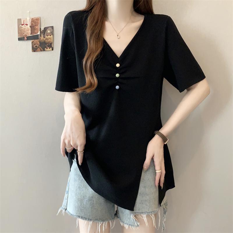 實拍大碼夏季V領側邊開叉短袖顯瘦遮肚上衣2色 M-4XL