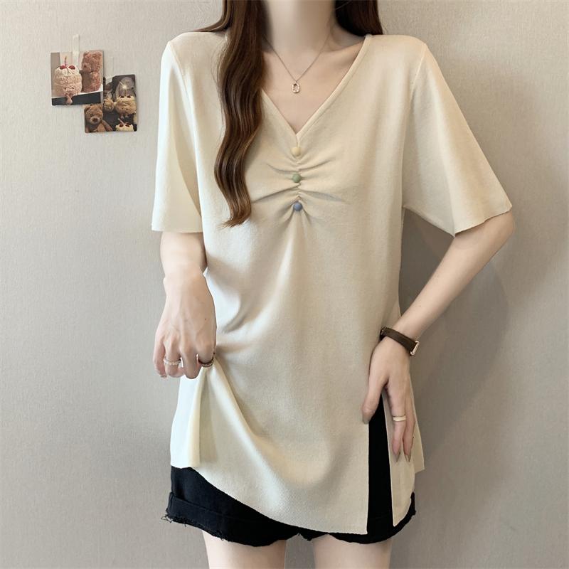 實拍大碼夏季V領側邊開叉短袖顯瘦遮肚上衣2色 M-4XL