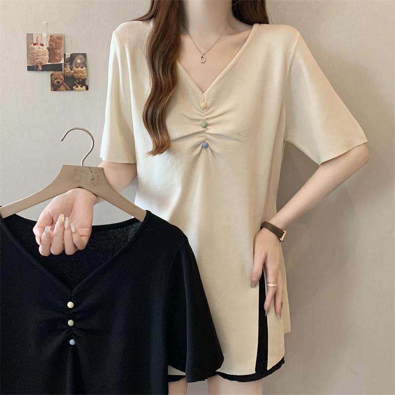實拍大碼夏季V領側邊開叉短袖顯瘦遮肚上衣2色 M-4XL