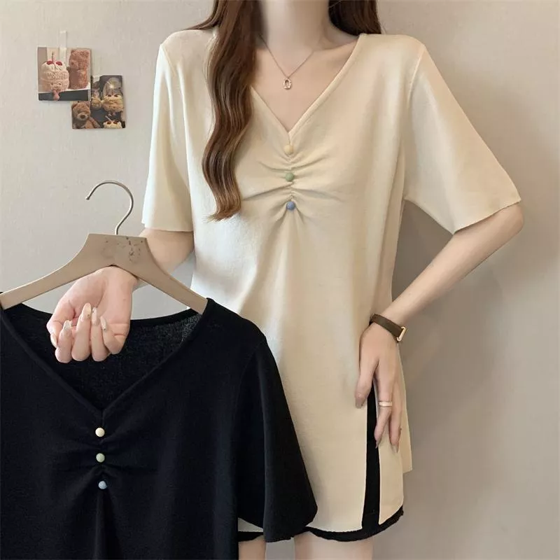 實拍大碼夏季V領側邊開叉短袖顯瘦遮肚上衣2色 M-4XL