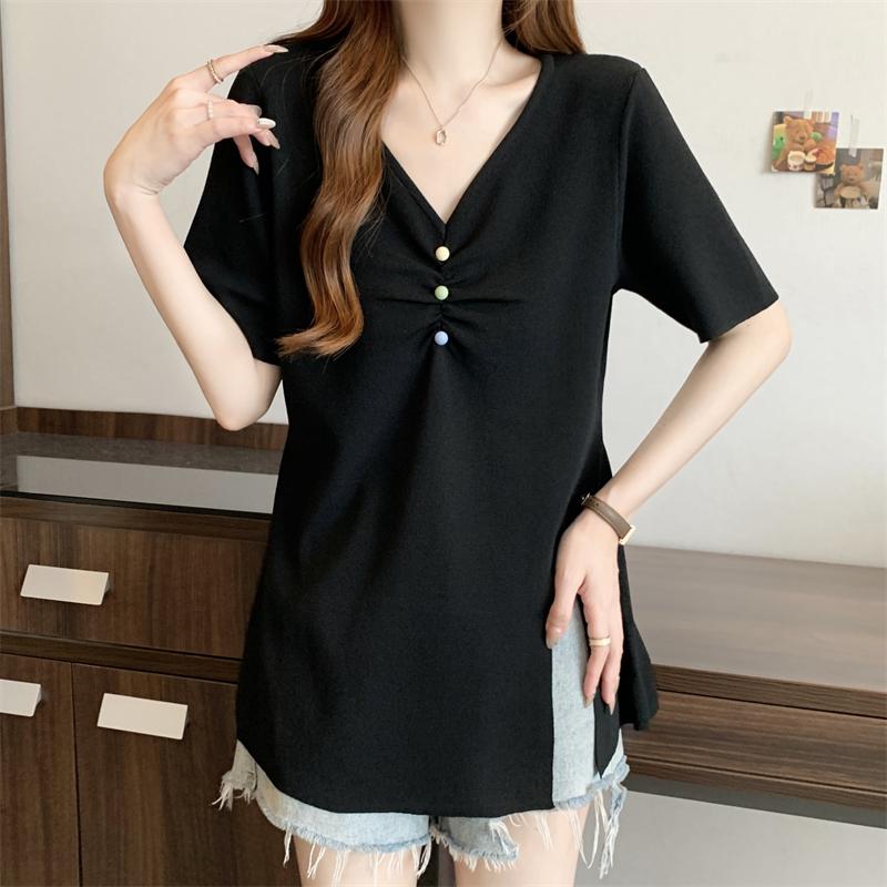 實拍大碼夏季V領側邊開叉短袖顯瘦遮肚上衣2色 M-4XL