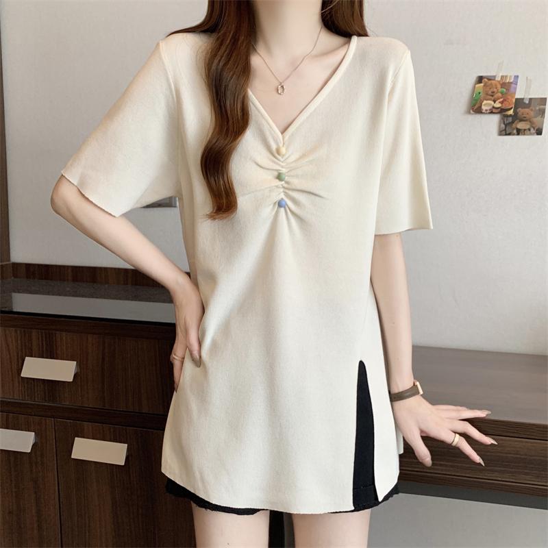 實拍大碼夏季V領側邊開叉短袖顯瘦遮肚上衣2色 M-4XL