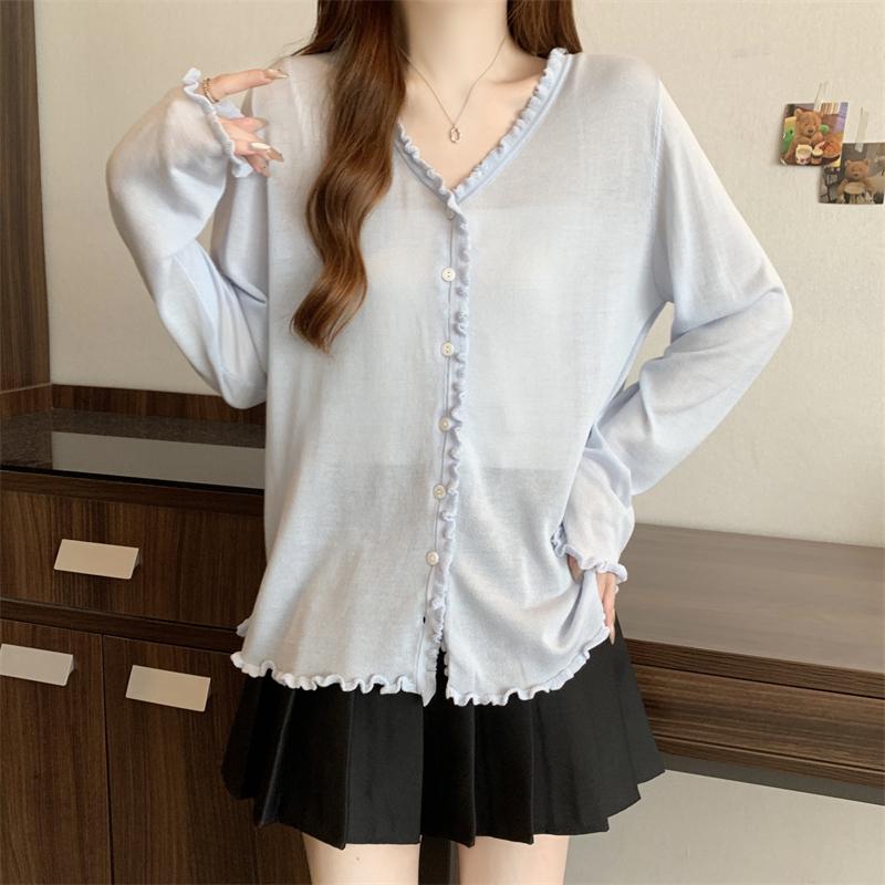 實拍大碼女裝v領木耳邊上衣薄款開衫3色 M-4XL