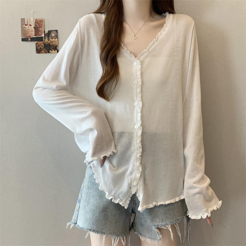 實拍大碼女裝v領木耳邊上衣薄款開衫3色 M-4XL