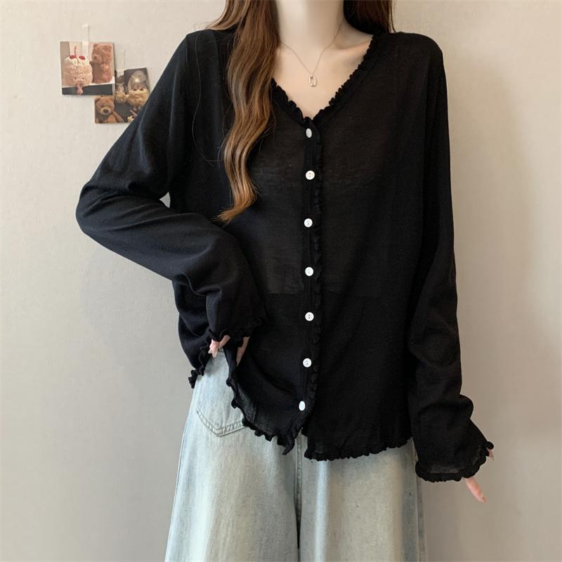 實拍大碼女裝v領木耳邊上衣薄款開衫3色 M-4XL
