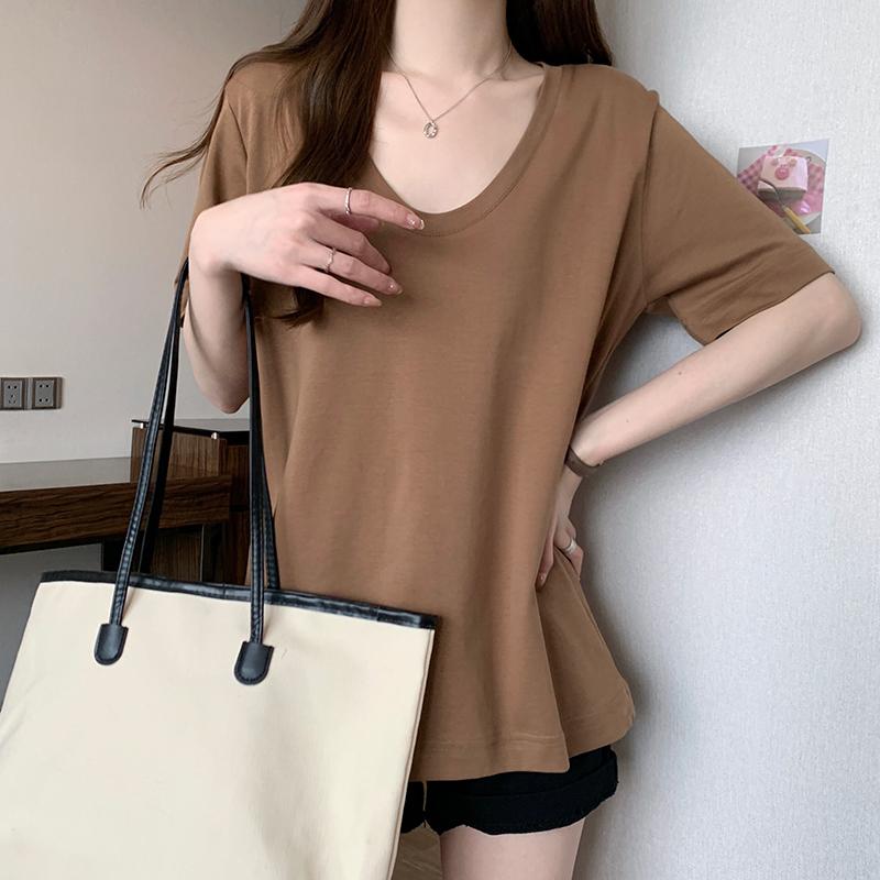 雙紗純棉短袖韓版純色V領上衣3色 M-XL
