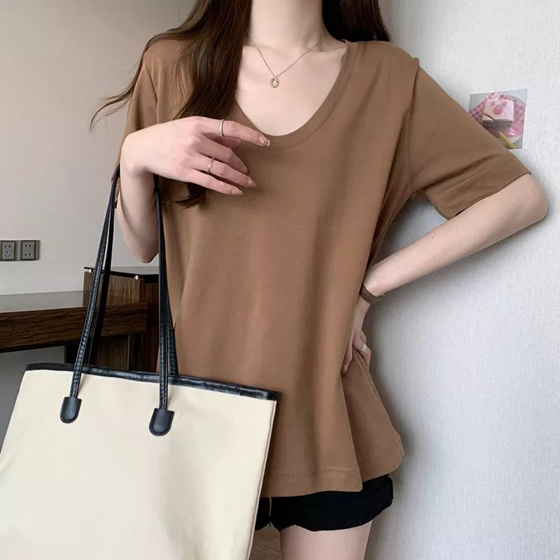 雙紗純棉短袖韓版純色V領上衣3色 M-XL 雙紗純棉短袖韓版純色V領上衣3色 M-XL