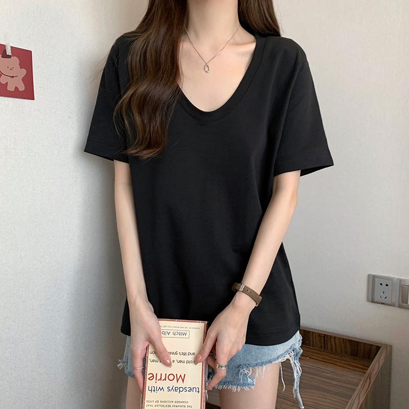 雙紗純棉短袖韓版純色V領上衣3色 M-XL