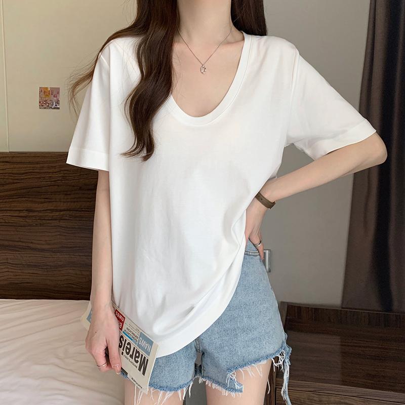 雙紗純棉短袖韓版純色V領上衣3色 M-XL