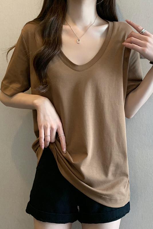 雙紗純棉短袖韓版純色V領上衣3色 M-XL