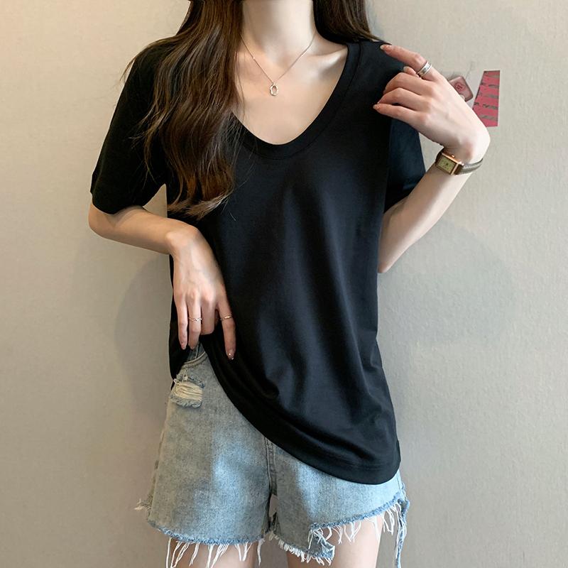 雙紗純棉短袖韓版純色V領上衣3色 M-XL