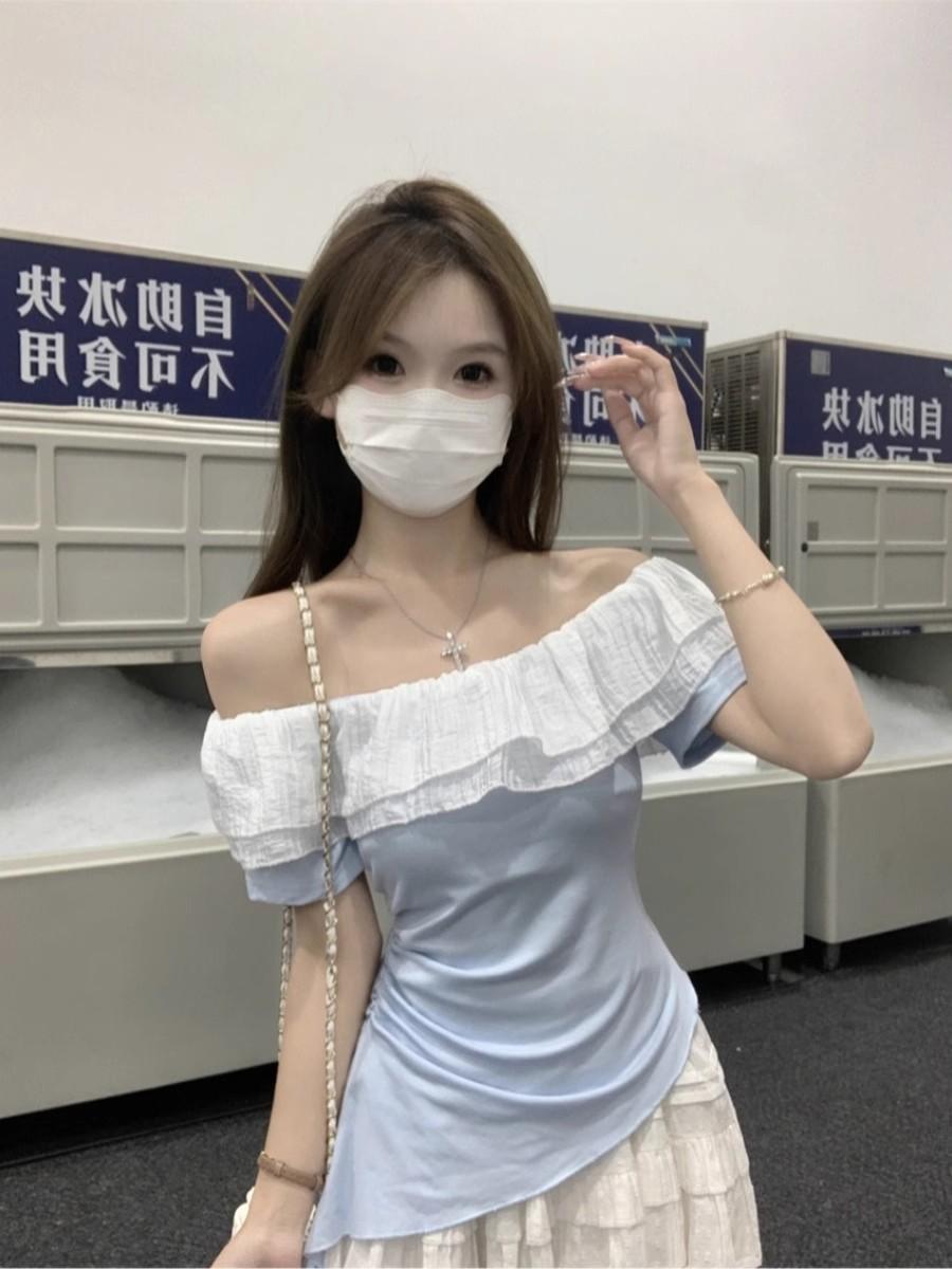 一字肩小眾不規則荷葉邊短袖T恤3色