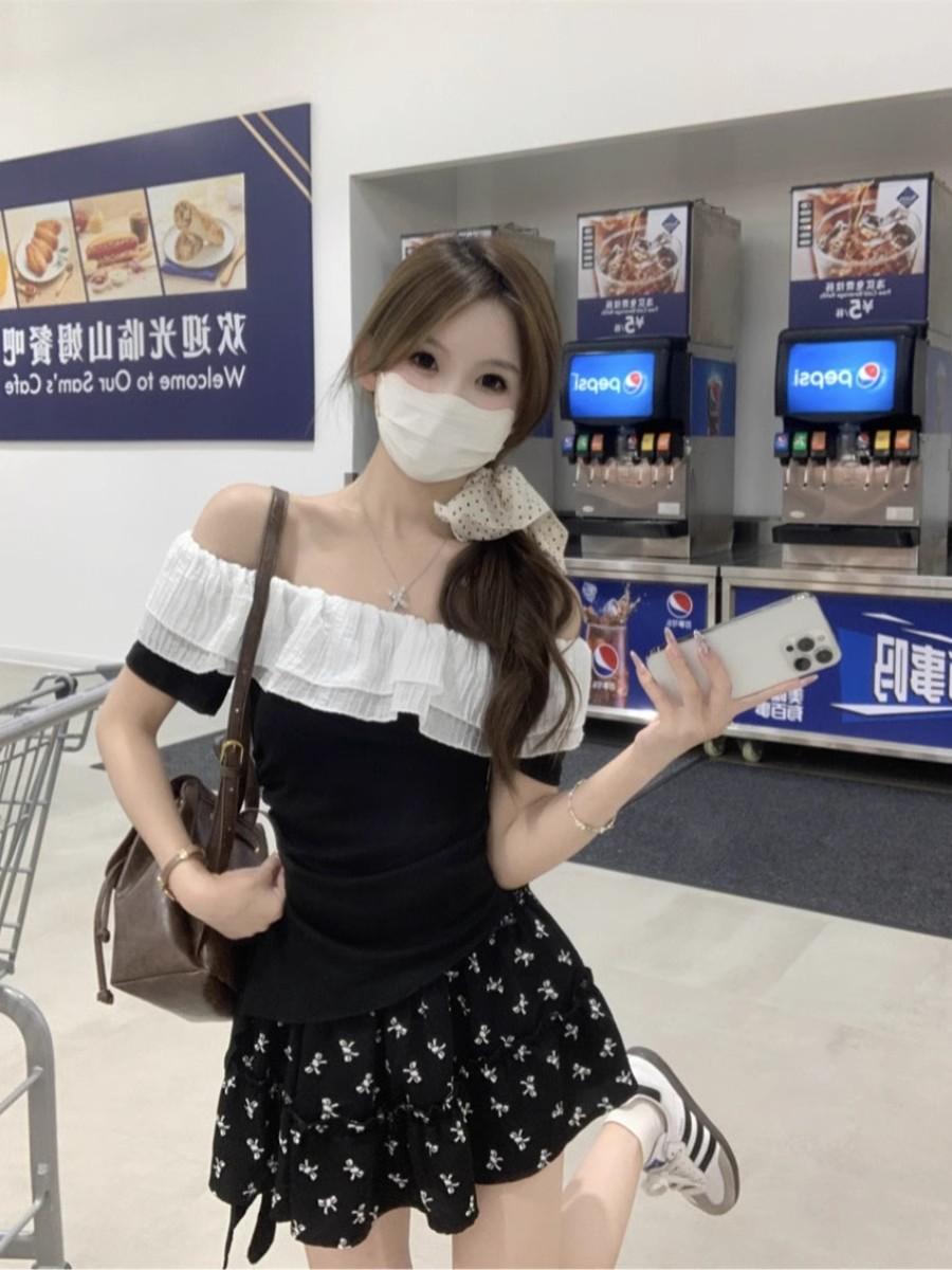 一字肩小眾不規則荷葉邊短袖T恤3色