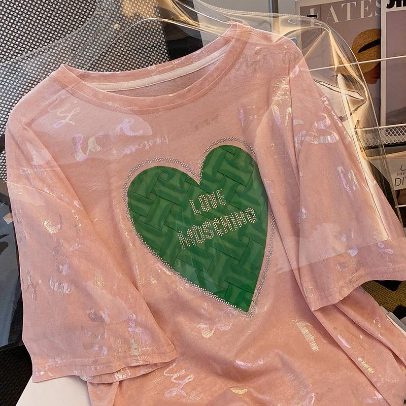 抖音質量透氣2025燙鑽圓領新款愛心上衣2色 M-XL