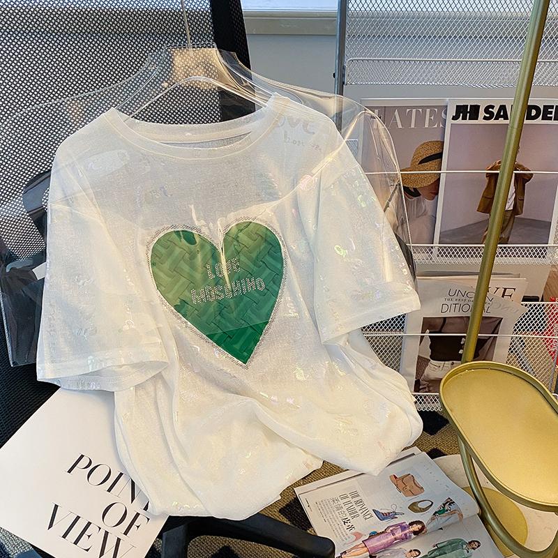 抖音質量透氣2025燙鑽圓領新款愛心上衣2色 M-XL